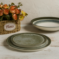 Assiettes rondes de service en céramique JQY, vaisselle de style japonais, ensemble d'assiettes à dîner en porcelaine, assiettes en céramique vert vintage pour restaurant