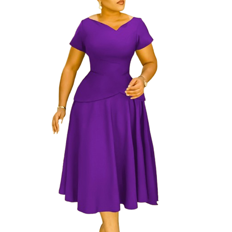 Elegant V-Neck A-Line Midi Office Dress in Eco-Friendly Spandex-polyester