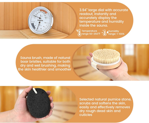 Kit di 6 Accessori per Sauna Fatti a Mano con Secchio in Legno, Termo-Igrometro, Clessidra, Spazzola, Rocce Vulcaniche - Product Image 5