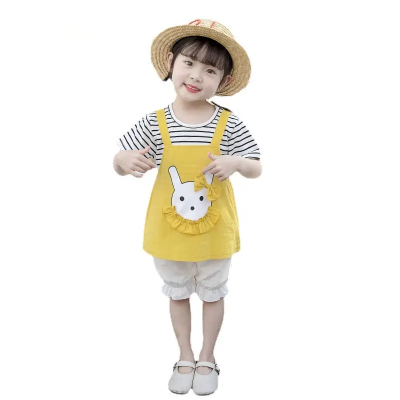 Hao Baby 2022 New Model Girls Dress Wholesale Children Clothes Summer Kids Solid Color Rabbit Striped Skirt Baby Girl Dress