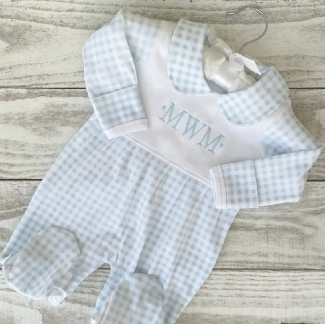 Pakaian bayi laki-laki personalisasi kerah Gingham, Romper biru dan putih datang ke rumah baju monyet gelembung bayi