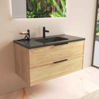 Meuble-lavabo flottant de salle de bain de luxe avec lavabo en sable de quartz noir Miroir LED Couleur noyer Armoire MFC 600mm/750mm/800mm