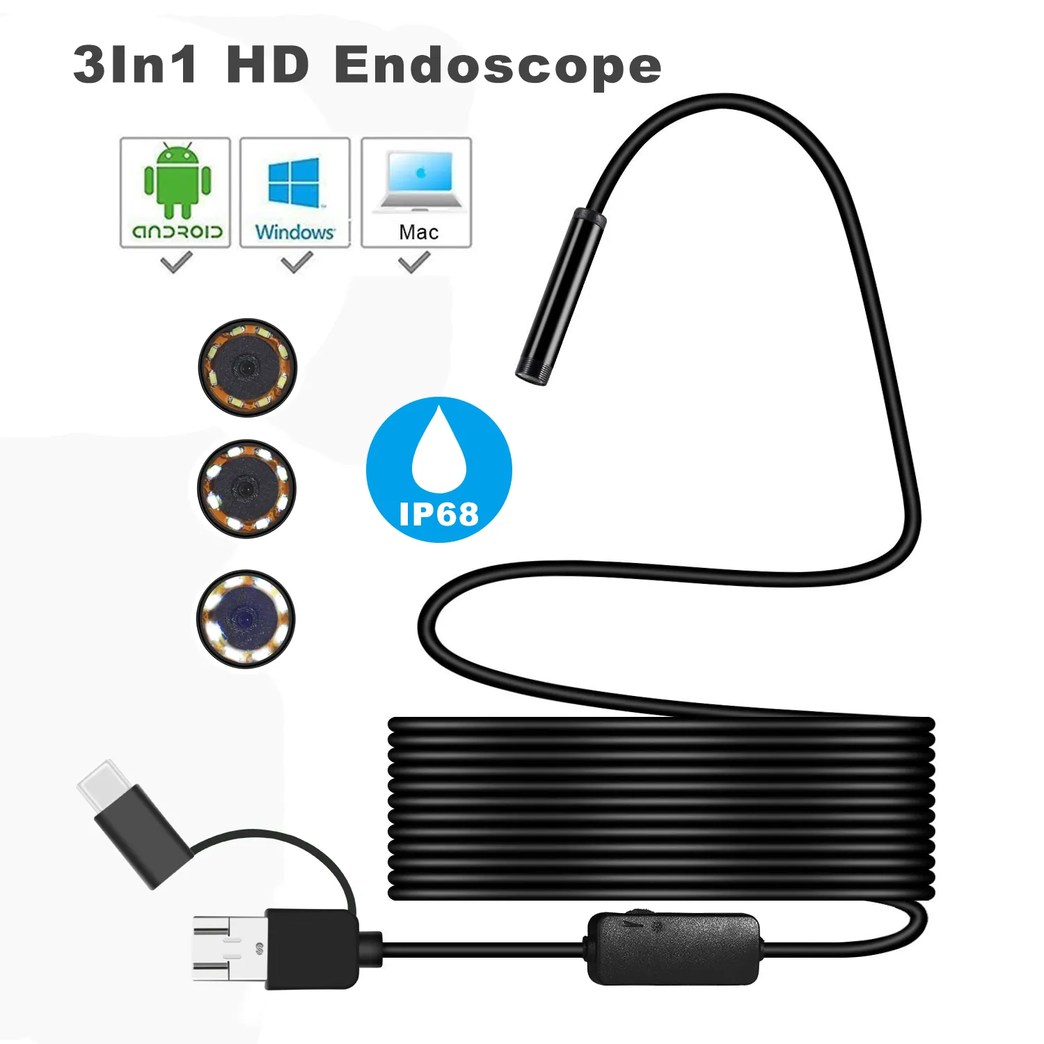 Lancol 검사 카메라 뱀 1200P 3in1 USB 내시경 유형 C 내시경 안드로이드 내시경 카메라 6 Led