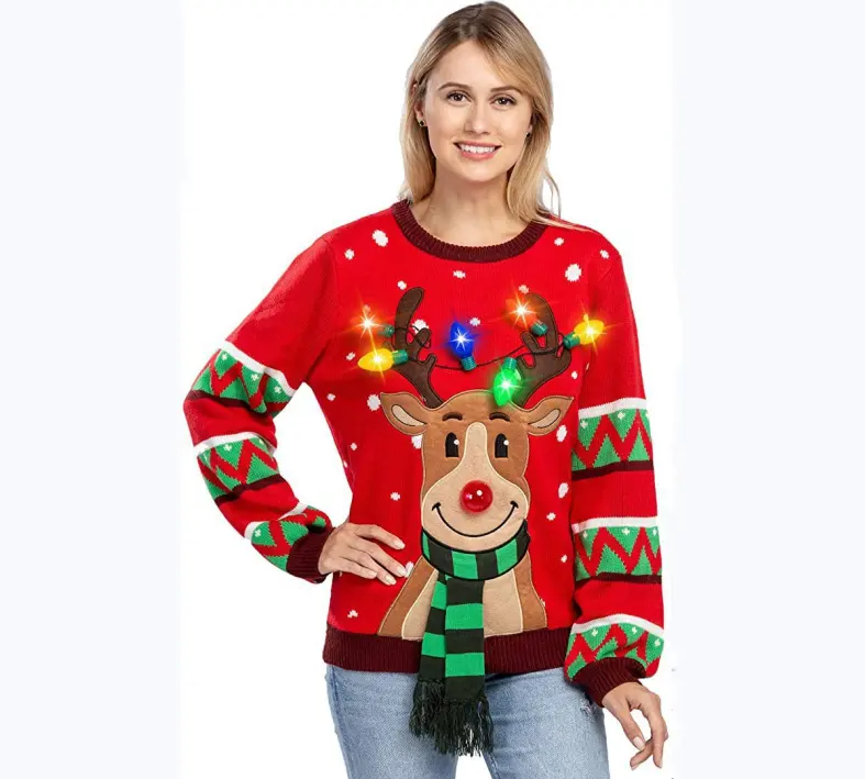 OEM Factory Custom Ugly Christmas Led Winter Knitted Printed Women Pullover Sweater with Lights