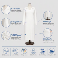 Robe midi pour femme en coton et élasthanne tricoté, 320 GSM, opaque, grande taille, coupe droite, col marin, manches longues, hiver, logo personnalisé OEM