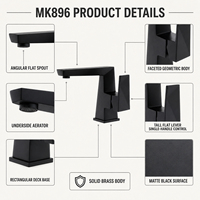 Keran wastafel kamar mandi modern bergaya geometris persegi, warna hitam matte, bahan kuningan, tuas tunggal, dipasang di atas meja.