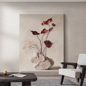 Modern Minimalist Abstract Oil Painting With Textured Rock And Leaves 3D Effect Hand Painted For Living Room Or Entryway - Product Image 3