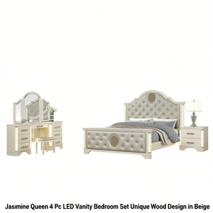 Set Camera da Letto Jasmine Queen 4 Pezzi con LED, Design in Legno Beige, Misura Queen - Product Image 1