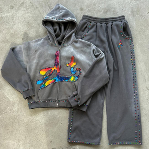 Custom Boxy Fit Oversized 100% Cotton French Terry Vintage Acid Wash Gem Decoration Zip Up Hoodie And Sweatpants Set For Men - Product Image 4
