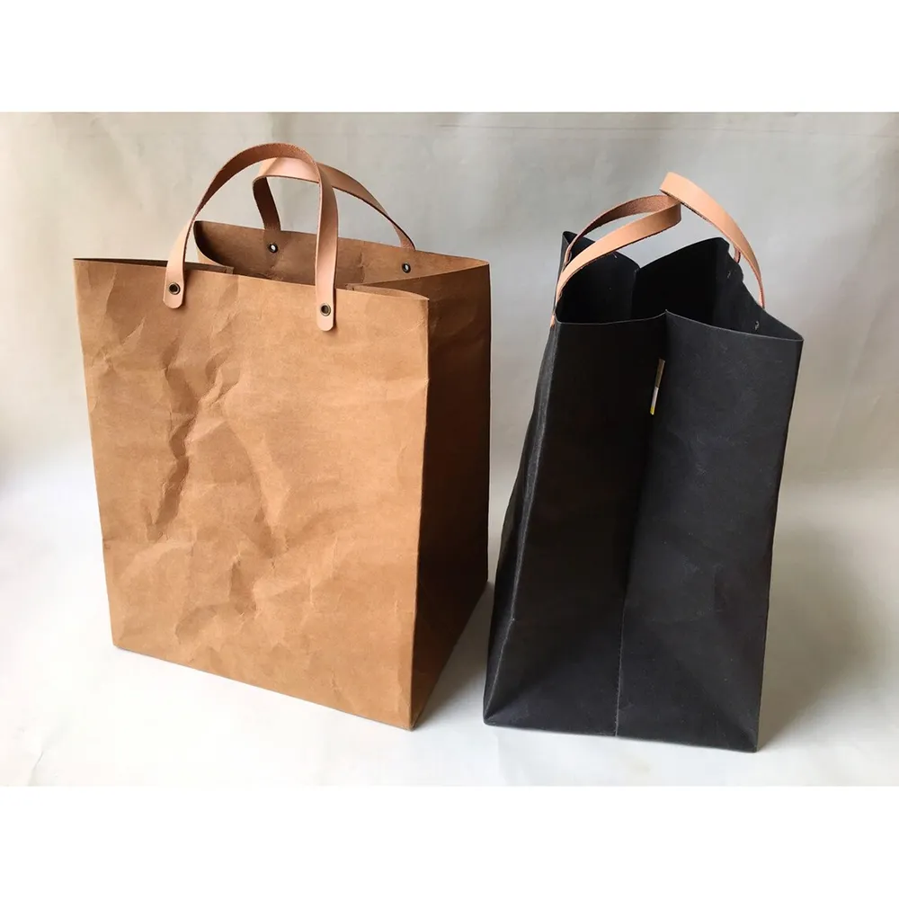 Borsa da pranzo Minimal in carta Kraft con manici in pelle per riciclare la spesa marrone borsa del mercato dello Shopping Eco lavabile