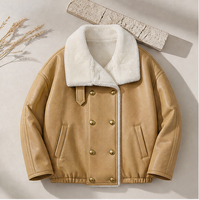 Veste courte en fausse fourrure de daim camel pour femme, col large rabattable, double boutonnage, doublure en mélange de laine