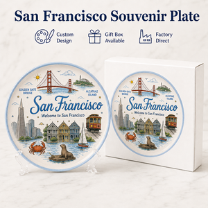 Plato Decorativo de Cerámica de Recuerdo de <span class=keywords><strong>San</strong></span> <span class=keywords><strong>Francisco</strong></span>, EE. UU., con Diseño de Teleférico, León Marino y Paisaje Urbano, Plato de Gres, Personalizado OEM ODM, Venta al por Mayor - Product Image 1