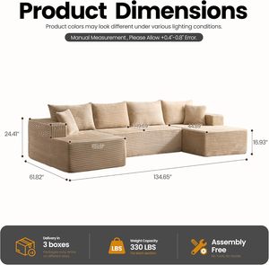 Sofá en Forma de U de 134.6 Pulgadas, Color <span class=keywords><strong>Beige</strong></span>, Doble Chaise Longue, Felpa, Espuma Viscoelástica, sin Estructura, para Sala de Estar, Envío Gratis, Disponible en EE. UU. - Product Image 6