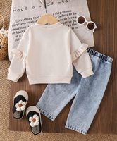 Ensemble de vêtements pour fillettes avec fleurs 3D, sweat-shirt côtelé à manches bouffantes, jeans, tenues d'automne pour bébés