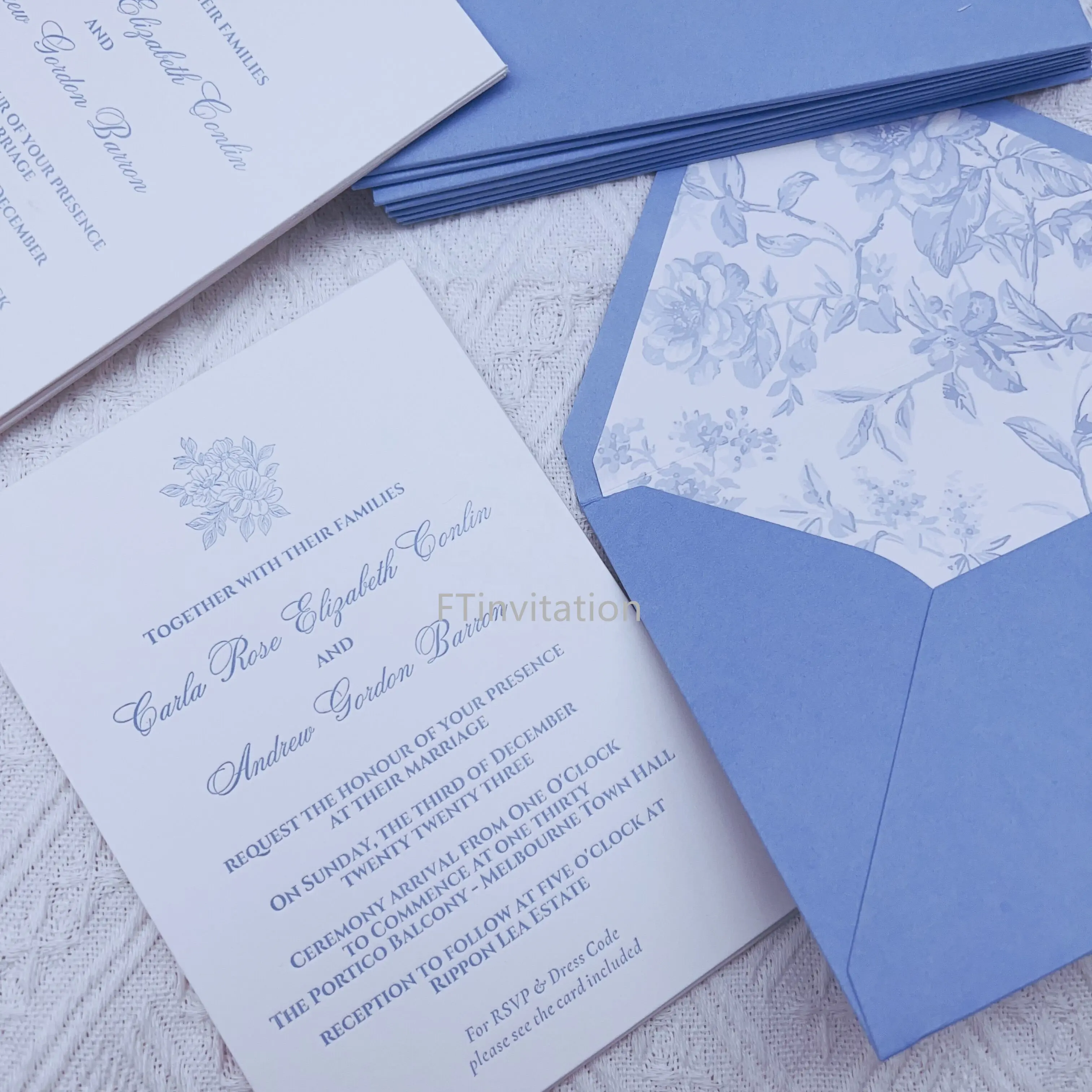 Undangan pernikahan personalisasi kartu Letterpress biru langit stok katun putih tebal