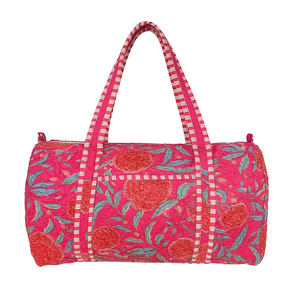 Quilted Floral Duffel <b>Bag</b> Pink Cotton Weekender Travel <b>Bag</b> with Striped Handles Women <b>Overnight</b> Gym <b>Bag</b> - Product Image 1