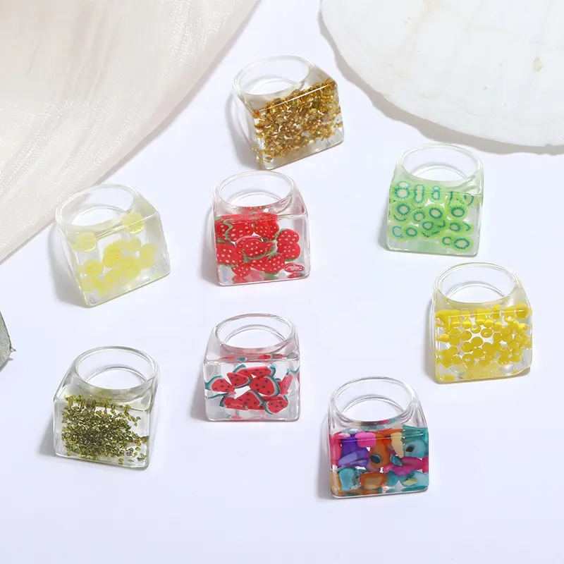 INS Style Colorful Cute Fruit Candy Chunky Ring Transparent Acrylic Finger Rings Geometric Square Resin Rings