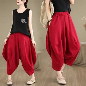 Pantalones bombachos de <span class=keywords><strong>lino</strong></span> y algodón para <span class=keywords><strong>mujer</strong></span>, pantalón holgado, estilo étnico, <span class=keywords><strong>talla</strong></span> <span class=keywords><strong>grande</strong></span> - Product Image 6