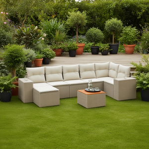 Ensemble de canapés modulaires de jardin en rotin beige 8 places, mobilier d'extérieur au design contemporain, résistant aux intempéries - Product Image 2