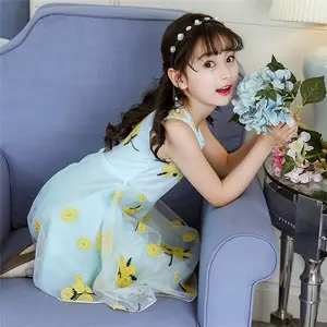 Achats en ligne Vente en gros Été O-Neck Broderie Tournesol Costume fantaisie Robes d'enfants De l'usine de Chine