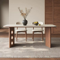 Table à manger rectangulaire en bois massif de style français vintage, moderne du milieu du siècle, avec plateau en travertin, écologique, imperméable, blanche
