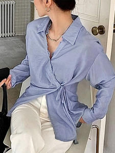 Camisa de Manga Larga Azul Estilo Intelectual Europeo y Americano Otoño 2026, Camisa con Cordones, Cárdigan, Ropa de Mujer - Product Image 3