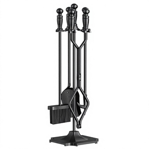 Black Metal Fireplace <b>Tool</b> <b>Set</b> with Poker Tongs Shovel Brush and Stand 5 Piece Traditional <b>Fire</b> <b>Tools</b> - Product Image 6