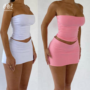 Kadın yaz rahat 2-Piece naylon Spandex Loungewear işlemeli tüp üst kısa etek üreticilerin giyim sıska Fit - Product Image 3