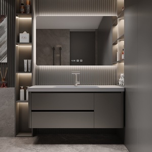 Meuble de salle de bain intelligent moderne gris avec miroir de rangement, meuble suspendu gris pour lavabo, fonction anti-buée et affichage de l'heure - Product Image 1
