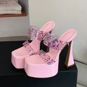 Sandales compensées transparentes à imprimé floral en PVC pour l'été, sexy, à bout carré, talons épais, chaussures de soirée tendance - Product Image 2