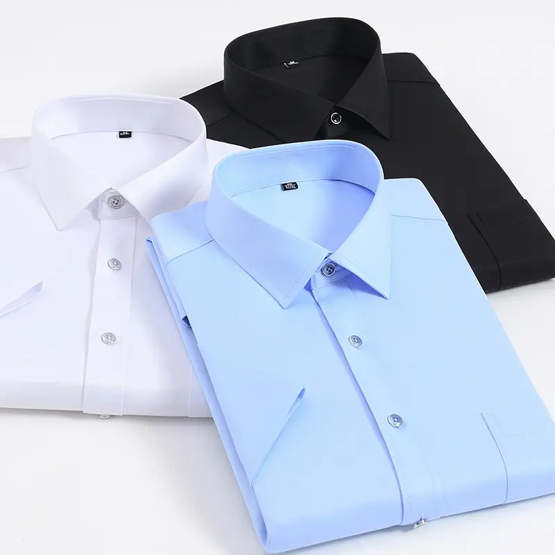 Accept Custom Cotton Solid Color Men's Micro-Stretch Lapel Short Sleeve Dress Shirts