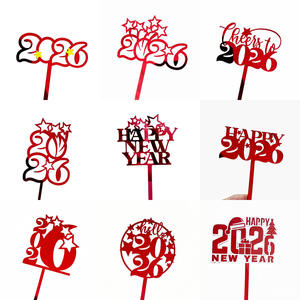 ของตกแต่งเค้กอะคริลิคสีแดงทอง Hello 2026 Happy New Year's EVE New Year - Product Image 2