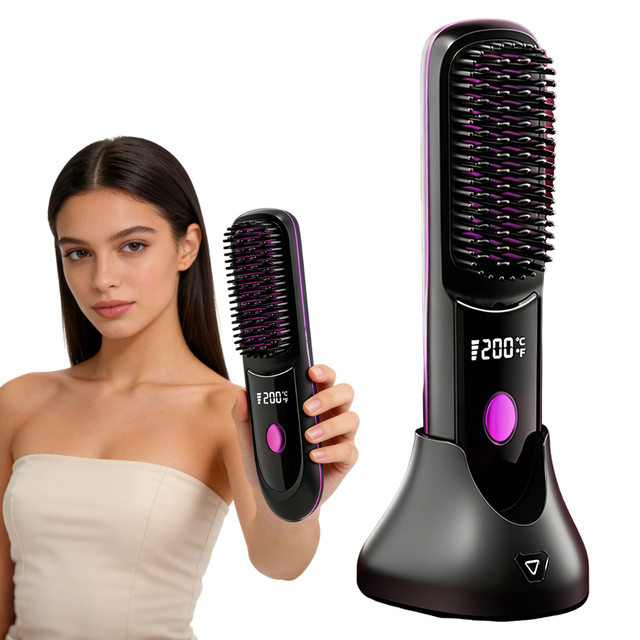 New Style Cordless Heated Hair Straightener Brush Rechargeable Electric Hair Straightening Comb Styling Tool with Charging Base