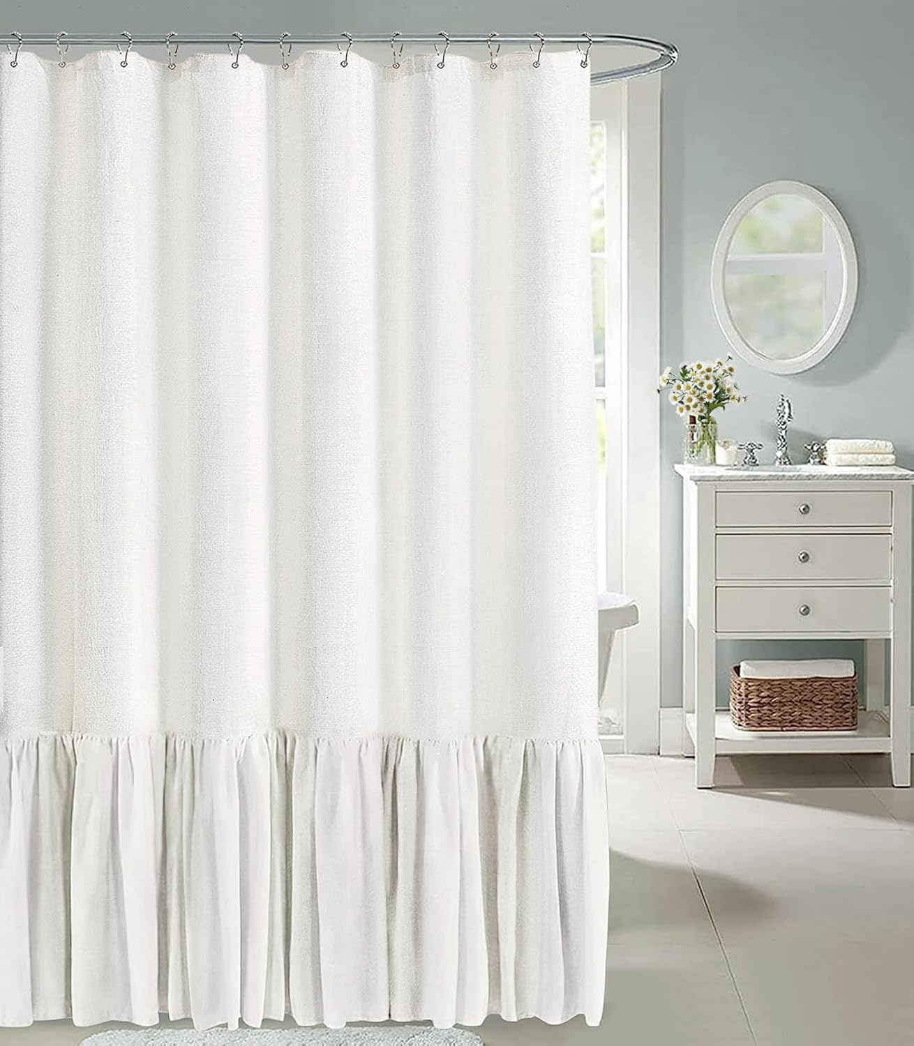 Farmhouse Shower Curtain With a Ruffle Hem Linen Blend Shower Curtain for Bathroom