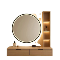 Coiffeuse flottante de style nordique avec miroir LED rond, table de maquillage multifonctionnelle avec rangement