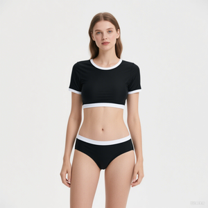 Top corto de manga corta a la moda de verano de dos piezas para mujer, pantalones cortos con estampado de leopardo, <span class=keywords><strong>Bikinis</strong></span> de nailon y licra, traje de baño para Fitness, ropa de playa - Product Image 1