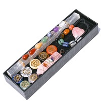 Ensemble de cristaux de guérison naturels 7 chakras, baguette de sélénite, cœur de quartz rose, pendentif hexagonal poli et gravé, coffret cadeau