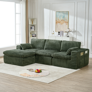 Canapé d'angle modulaire capitonné en flanelle côtelée, style luxe léger et moderne, avec ottoman - Vert, 3 places, écologique, pour salon - Product Image 1