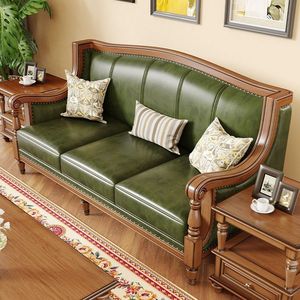 Genuine Leather Sofa Green Italian Style Solid Wood Frame Living Room Furniture - Product Image 4