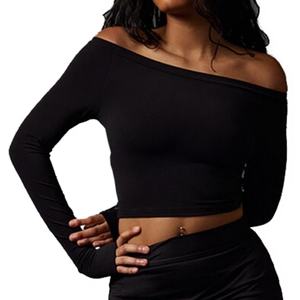 Fabricant et grossiste de chemises pour femmes à épaules dénudées, hauts de yoga, manches longues, fitness, couleur unie, débardeurs de yoga pour femmes - Product Image 3