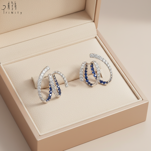 Nueva Colección, Pendientes de Oro Blanco Sólido de 18K con Diseño Curvo Moderno, Diamantes Naturales y Zafiros, para Mujer, Ideales para Fiestas - Product Image 5