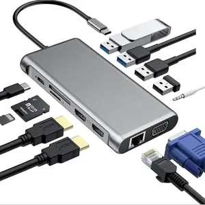 12ポートアルミニウムトリプルディスプレイUSBタイプCハブ、最大2 hd-mi 10gbps USB CハブドックデュアルHD-mi 12 in 1 USB Cハブ