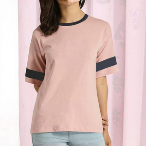 <b>Women's</b> Pink Crew Neck Short Sleeve T-Shirt With <b>Navy</b> Stripe Detail Loose Fit Casual Knitted Cotton <b>Top</b> - Product Image 2
