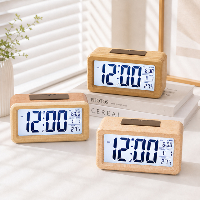 Smart LCD Backlight Temperature Snooze Silent Despertador Digital De Madera Smart Desk Table Bamboo Battery Wooden Alarm Clock