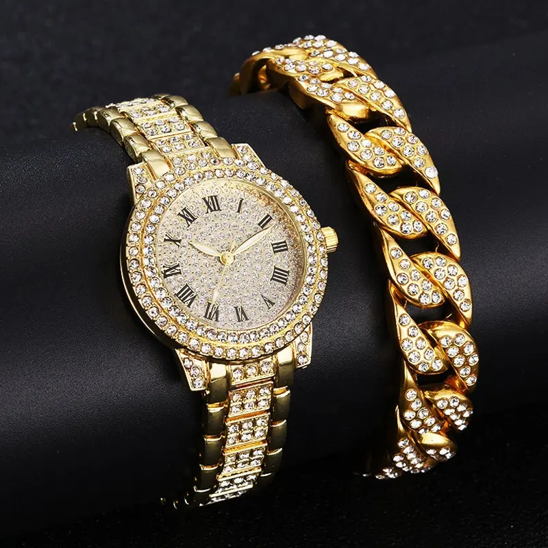 Fashion Full Crystal Diamond Roman Literal Steel Band Watches Bracelet Set For Men Women HipHop Diamond Wrist Watch Bracelet Set