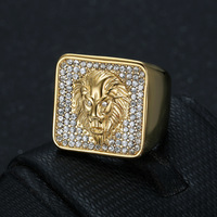 Bague Chevalière Homme Hip Hop Tête de Lion Sertie de Zircons Cubiques Plaqué Or 18K en Acier Inoxydable Bijou Tendance