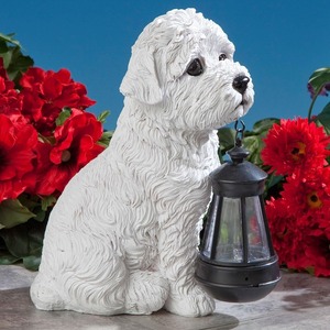 Patio Pad Solar Tuin Licht Hars Witte Hond Sculptuur Bichon Zonne Lantaarn Standbeeld