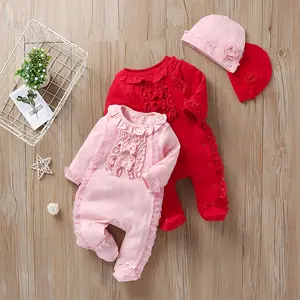 Wholesale boutique infant girls clothes rompers solid pink long sleeve ruffle baby footed pajamas bodysuit with hat