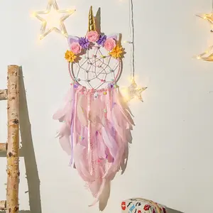 Nursery Home Decor Wall Hanging Rainbow Unicorn Dream Catcher Feather For Girls Kids Bedroom