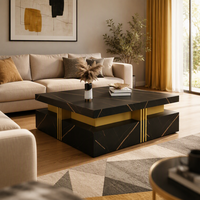 Table basse carrée moderne aspect marbre noir avec tiroirs de rangement, structure métallique, pour salon, salle à manger, hôtel, maison